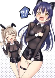 Rule 34 | 10s, 2girls, animal ears, black shirt, black shorts, blue hair, blush, breasts, cat ears, cleavage, closed eyes, commentary request, covering privates, cowboy shot, deadnooodles, embarrassed, grey hair, hair between eyes, highres, long hair, long sleeves, love live!, love live! school idol project, medium breasts, minami kotori, multiple girls, one side up, rabbit ears, raised eyebrows, see-through, shirt, short shorts, shorts, simple background, small breasts, sonoda umi, standing, sweat, tears, thigh strap, wavy mouth, yellow eyes