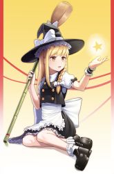 Rule 34 | 1girl, absurdres, apron, bamboo broom, black footwear, black hat, black skirt, blonde hair, bow, braid, broom, frilled skirt, frilled socks, frills, hair bow, hair over shoulder, hat, hat bow, highres, holding, holding broom, kirisame marisa, long hair, ribbon-trimmed sleeves, ribbon trim, short sleeves, single braid, sitting, skirt, socks, solo, touhou, white apron, white bow, white socks, witch hat, wnehdrl, wrist cuffs, yellow eyes