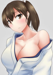 Rule 34 | 10s, 1girl, breasts, brown eyes, brown hair, cleavage, collarbone, grey background, highres, japanese clothes, kaga (kancolle), kantai collection, kashiwamochi (kashiwakashiwa), large breasts, looking at viewer, off shoulder, side ponytail, simple background, solo, upper body