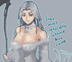 Rule 34 | 1girl, bare shoulders, breasts, cleavage, dark souls (series), dark souls i, detached collar, detached sleeves, dragon girl, dress, english text, eyebrows, fur, large breasts, long hair, looking at viewer, mikazuki shigure, monster girl, off-shoulder dress, off shoulder, priscilla the crossbreed, scythe, silver hair, solo, tail, tail wagging