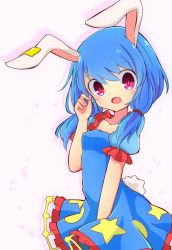 Rule 34 | 1girl, animal ears, blue hair, blush, dress, hand up, highres, inon, looking at viewer, low twintails, open mouth, pink eyes, puffy short sleeves, puffy sleeves, rabbit ears, rabbit tail, seiran (touhou), short sleeves, solo, star (symbol), tail, touhou, twintails