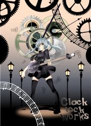 Rule 34 | 1girl, bass guitar, beeno, blue hair, clock lock works (vocaloid), female focus, full body, gears, gradient background, hatsune miku, instrument, legs, solo, thighhighs, twintails, vocaloid