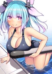 Rule 34 | 1girl, ass, black one-piece swimsuit, blue hair, breasts, cleavage, hair ribbon, highres, i-19 (kancolle), kantai collection, kuromayu, large breasts, long hair, one-piece swimsuit, red eyes, ribbon, school swimsuit, solo, star-shaped pupils, star (symbol), swimsuit, symbol-shaped pupils, torpedo, tri tails, wading, water
