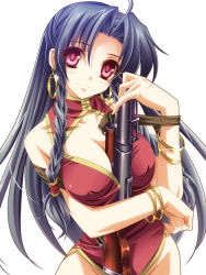 Rule 34 | 1girl, black hair, braid, china lake grenade launcher, cleavage cutout, clothing cutout, grenade launcher, gun, highres, long hair, monety, original, prototype design, red eyes, simple background, solo, weapon, white background