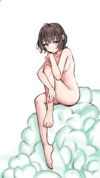 Rule 34 | 1girl, absurdres, artist request, barefoot, blush, breasts, brown eyes, brown hair, closed mouth, completely nude, covering breasts, covering privates, highres, leg up, looking at viewer, medium breasts, navel, nude, original, pillow, short hair, shy, sitting, toes, white background
