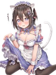 Rule 34 | 1girl, animal ears, apron, black pantyhose, blush, breasts, brown hair, cat ears, cat tail, choker, cleavage, clothes lift, commentary request, cross-laced clothes, cross-laced dress, dress, dress lift, fake animal ears, fake tail, frilled choker, frills, hair between eyes, hair ornament, highres, large breasts, lifted by self, looking at viewer, maid, maid apron, matsunashi noe, nail polish, open mouth, original, pantyhose, purple dress, purple eyes, purple nails, short sleeves, signature, simple background, sitting, solo, tail, translation request, triangle hair ornament, wariza, white apron, white background, x hair ornament