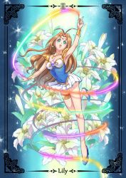 Rule 34 | 1girl, ai tenshi densetsu wedding peach, angel lily, antenna hair, armpits, bare legs, blue footwear, blue nails, brown hair, character name, circlet, cosmetics, covered navel, earrings, fingernails, flower, full body, green eyes, heart, heart earrings, high heels, highres, huiji, jewelry, lily (flower), lipstick, lipstick tube, long hair, magical girl, makeup, nail polish, name connection, necklace, object namesake, open mouth, serious, shoes, skirt, solo, standing, standing on one leg, tanima yuri, thighlet, white skirt