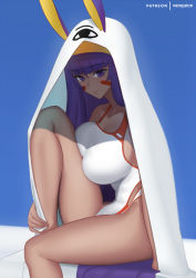 Rule 34 | 1girl, animal ears, bad id, bad pixiv id, breasts, cleavage, competition swimsuit, dark-skinned female, dark skin, facial mark, fate/grand order, fate (series), jackal ears, knee to chest, large breasts, long hair, nitocris (fate), nitocris (fate/grand order), nitocris (swimsuit assassin) (fate), nitocris (swimsuit assassin) (second ascension) (fate), one-piece swimsuit, purple eyes, purple hair, sitting, solo, swimsuit, thighs, vanquice, very long hair