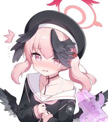 Rule 34 | 1girl, ^^^, beret, black hat, black shirt, black wings, blue archive, blush, collarbone, exusiai dust, feathered wings, flying sweatdrops, halo, haniwa (statue), hat, head wings, highres, koharu (blue archive), long hair, long sleeves, low twintails, open mouth, pink eyes, pink hair, pink halo, sailor collar, sailor shirt, shirt, simple background, solo, twintails, upper body, white background, white sailor collar, wings