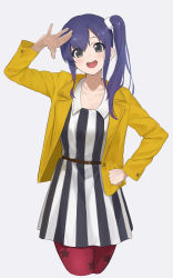 Rule 34 | 1girl, :d, absurdres, belt, dress, green eyes, grey background, hair between eyes, hair tie, hand on own hip, highres, imai midori, jacket, long hair, open clothes, open jacket, open mouth, pantyhose, parted bangs, patterned clothing, ponytail, print pantyhose, purple hair, red legwear, salute, shirobako, side ponytail, sidelocks, smile, striped clothes, striped dress, takita (takita3411), vertical-striped clothes, vertical-striped dress, yellow jacket