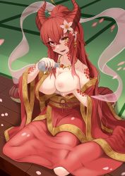 Rule 34 | 1girl, absurdres, alcohol, bare shoulders, breast hold, breasts, breasts out, cherry blossoms, dragon girl, dragon horns, dragon tail, earrings, flower, foot out of frame, full body, hair between eyes, hair flower, hair ornament, highres, hitokuirou, horns, japanese clothes, jewelry, kimono, long hair, long sleeves, looking at viewer, monster girl, nipples, open clothes, open kimono, open mouth, original, red hair, red kimono, sake, scales, shawl, sidelocks, sitting, slit pupils, smile, solo, tail, tatami, tokkuri, wakamezake, wariza, yellow eyes