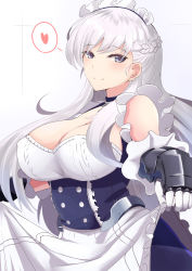 Rule 34 | 1girl, apron, azur lane, bare shoulders, belfast (azur lane), blue eyes, braid, breasts, chain, cleavage, collar, corset, covered erect nipples, french braid, gauntlets, gloves, heart, highres, large breasts, long hair, looking at viewer, maid headdress, ninoude (ninoude44), silver hair, smile, solo, spoken heart