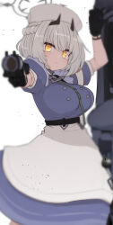 Rule 34 | 1girl, aiming, aiming at viewer, apron, black gloves, blue archive, blue dress, braid, breasts, buttons, closed mouth, double-breasted, dress, french braid, gloves, grey hair, gun, halo, hat, holding, holding gun, holding weapon, horns, large breasts, looking at viewer, sena (blue archive), solo, sumiyao (amam), waist apron, weapon, white apron, yellow eyes