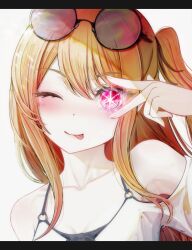 Rule 34 | 1girl, bare shoulders, blonde hair, blush, closed mouth, commentary, english commentary, hair between eyes, highres, hoshino ruby, letterboxed, long hair, one eye closed, one side up, oshi no ko, pink eyes, round eyewear, seeledayo, sidelocks, simple background, solo, star-shaped pupils, star (symbol), symbol-shaped pupils, tongue, tongue out, v over eye, white background