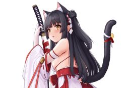 Rule 34 | 1girl, allenes, animal ear fluff, animal ears, azur lane, bell, black hair, blunt bangs, breasts, cat ears, cat tail, clothing cutout, detached sleeves, highres, holding, holding sword, holding weapon, japanese clothes, katana, long hair, sideboob, sword, tail, tail bell, tail ornament, tail through clothes, two side up, upper body, weapon, white background, yuugure (azur lane)