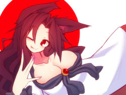 Rule 34 | 1girl, animal ears, breasts, brooch, brown hair, cleavage, collarbone, female focus, imaizumi kagerou, jewelry, kuresento, large breasts, licking lips, long hair, long sleeves, one eye closed, red eyes, shirt, skirt, smile, solo, tail, tongue, tongue out, touhou, werewolf, wide sleeves, wolf ears