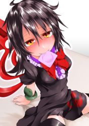 Rule 34 | 1girl, arm support, asymmetrical wings, bed sheet, black dress, black hair, black thighhighs, blush, breasts, condom, condom in mouth, dress, from above, full-face blush, gradient eyes, hair between eyes, holding, houjuu nue, looking at viewer, looking up, mouth hold, multicolored eyes, nose blush, orange eyes, pov, short dress, short hair, sitting, slit pupils, small breasts, smile, solo, spread legs, tareme, teinba, thighhighs, touhou, wings, yellow eyes