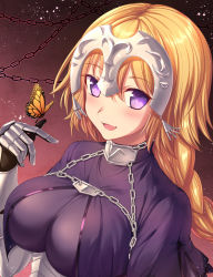 Rule 34 | 1girl, :d, animal, blonde hair, blue eyes, blush, braid, breasts, bug, butterfly, butterfly on hand, capelet, chain, corset, fate/apocrypha, fate (series), gauntlets, hair between eyes, hand up, headpiece, insect, jeanne d&#039;arc (fate), jeanne d&#039;arc (ruler) (fate), large breasts, light particles, long hair, looking at viewer, open mouth, purple eyes, single braid, smile, solo, tsuru ringo, underbust, upper body