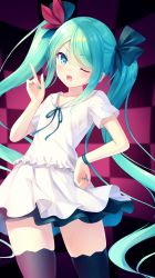 Rule 34 | 1girl, aqua eyes, aqua hair, black bow, black thighhighs, bow, checkered background, commentary, cowboy shot, dress, feather hair ornament, feathers, hair bow, hair ornament, hand on own hip, hand up, hatsune miku, highres, index finger raised, na-ga, one eye closed, open mouth, red feathers, short sleeves, solo, supreme (module), thighhighs, vocaloid, white dress, world is mine (vocaloid)