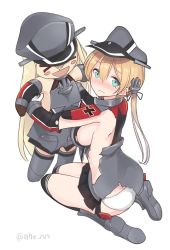 Rule 34 | 1girl, ahenn, aqua eyes, bismarck (kancolle), black skirt, black thighhighs, blonde hair, breasts, character doll, closed mouth, doll, gloves, hair between eyes, hat, holding, holding doll, kantai collection, large breasts, long hair, long sleeves, low twintails, military, military hat, military uniform, panties, peaked cap, pleated skirt, prinz eugen (kancolle), sideboob, simple background, skirt, solo, thighhighs, torn clothes, torn skirt, twintails, twitter username, underwear, uniform, white background, white gloves, white panties