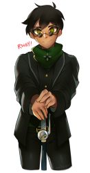 Rule 34 | 1boy, 2017, artist name, black hair, cane, closed mouth, copyright name, cosplay, cowboy shot, freckles, glasses, green eyes, highres, looking at viewer, male focus, oscar pine, professor ozpin, professor ozpin (cosplay), rwby, signature, simple background, smile, solo, spoilers, tan, white background, white theme, xenvita, yellow eyes