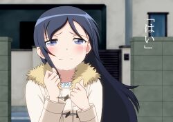 1girl aragaki_ayase black_hair blue_eyes brown_coat coat commentary_request crying fur-trimmed_coat fur_trim gate highres long_hair ore_no_imouto_ga_konna_ni_kawaii_wake_ga_nai sakaki_youma smile solo streaming_tears tears upper_body