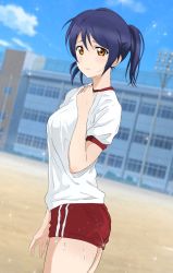 Rule 34 | 1girl, alternate hairstyle, artist name, artist request, bare legs, blue hair, blue sky, blush, breasts, brown eyes, building, cloud, day, female focus, hair between eyes, hair tie, high ponytail, highres, long hair, looking at viewer, love live!, love live! school idol project, medium breasts, outdoors, parted lips, red shorts, shirt, short hair, short ponytail, short sleeves, shorts, sky, smile, solo, sonoda umi, sparkle, track shirt, wet, wet clothes, wet shorts, white shirt, yellow eyes