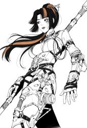 Rule 34 | 1girl, armor, belt, black hair, black sclera, breasts, bright pupils, chain, character request, closed mouth, club (weapon), collarbone, colored sclera, copyright request, corset, cyberpunk, dieselpunk, expressionless, eyelashes, facial tattoo, fantasy, full body, fusion, greyscale, hair ornament, hairpin, hancho xo, highres, hime cut, holding, holding stick, large breasts, lineart, long hair, looking away, mechanical arms, mechanical legs, mechanical parts, monochrome, multicolored hair, orange hair, ponytail, punk, science fiction, shirt, simple background, sketch, solo, standing, steampunk, stick, strap, tattoo, thighs, two-tone hair, underboob, uniform, warrior, weapon, white background, white pupils