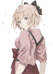 Rule 34 | 1girl, ahoge, black bow, blonde hair, bow, cherry blossoms, falling petals, fate/grand order, fate (series), from behind, grey eyes, hair bow, hakama, hakama skirt, highres, japanese clothes, kimono, looking back, okita souji (fate), okita souji (koha-ace), oshage (osyage921), petals, pink kimono, short hair, short sleeves, simple background, skirt, solo, upper body, white background