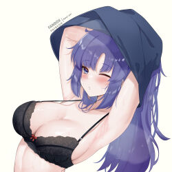 Rule 34 | 1girl, absurdres, amai-pai, black bra, black shirt, blue archive, blush, bra, breasts, cleavage, collarbone, highres, large breasts, long hair, one eye closed, open mouth, purple eyes, purple hair, shirt, simple background, solo, underwear, undressing, upper body, white background, yuuka (blue archive)