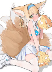 Rule 34 | 1girl, absurdres, animal ears, arknights, bare shoulders, blonde hair, blue archive, blue hairband, blush, breasts, bright pupils, cheerleader, cleavage, cosplay, crop top, flying sweatdrops, fox ears, fox girl, fox tail, green eyes, hairband, highres, holding, long hair, looking at viewer, midriff, millennium cheerleader outfit (blue archive), miniskirt, multicolored hair, multiple tails, nose blush, nyashiro (sgylk), pom pom (cheerleading), shoes, simple background, sitting, skirt, small breasts, sneakers, solo, suzuran (arknights), tail, thighhighs, two-tone hair, white background, white footwear, white hair, white thighhighs, zettai ryouiki