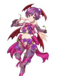 Rule 34 | 1girl, alternate costume, animal print, artist request, bare shoulders, bat print, bat wings, blush, capcom, demon girl, detached sleeves, finger to mouth, flat chest, flower, hair flower, hair ornament, head wings, lilith aensland, mini wings, no shoes, onimusha soul, outstretched hand, pantyhose, plant, print pantyhose, purple flower, purple hair, purple rose, red eyes, ribbon, rose, short hair, smile, solo, vampire (game), vines, wings