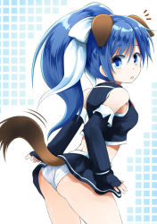 Rule 34 | 1girl, :o, animal ears, bare shoulders, black gloves, black shirt, black skirt, blue eyes, blue hair, blue skirt, blush, bow, breasts, commentary request, crop top, detached sleeves, dog ears, dog girl, dog tail, female focus, fingerless gloves, fujisaka lyric, gloves, hair between eyes, hair bow, high ponytail, long hair, long sleeves, looking at viewer, looking to the side, medium breasts, midriff, miniskirt, panties, pantyshot, parted lips, ponytail, quiz magic academy, ribbon, shirt, sidelocks, skirt, sleeveless, sleeveless shirt, small breasts, solo, standing, tail, underwear, very long hair, white bow, white panties, white ribbon, yuri (quiz magic academy)