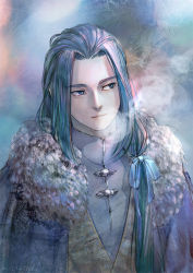 Rule 34 | 1boy, black hair, blue eyes, blue ribbon, blurry, blurry background, breath, chinese clothes, hair ribbon, highres, long hair, micho, ribbon, shadow, solo, luo xiaohei zhanji, upper body, winter clothes, wuxian (the legend of luoxiaohei)