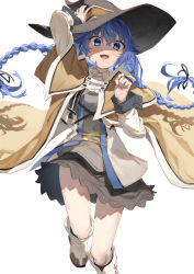 Rule 34 | 1girl, absurdres, beige cloak, black hat, black ribbon, black skirt, blue eyes, blue hair, braid, cloak, floating clothes, floating hair, grey shirt, hair ribbon, hat, highres, long sleeves, looking at viewer, mushoku tensei, open mouth, ribbon, roxy migurdia, shaded face, shirt, simple background, skirt, smile, solo, teeth, tsukino (nakajimaseiki), white background, witch hat