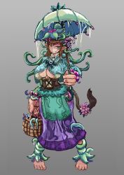 Rule 34 | 1girl, absurdres, barefoot, basket, breasts, brown eyes, brown hair, commentary request, dress, flower, hair flower, hair ornament, highres, large breasts, looking at viewer, monster girl, monster girl encyclopedia, pointy ears, simple background, smile, solo, tail, tail ornament, tentacles, troll (monster girl encyclopedia), udetamago, umbrella