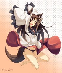 Rule 34 | 1girl, absurdres, animal ears, aranagi (arng 4401), barefoot, black panties, blush, breasts, brooch, brown hair, dress, fang, groin, highres, imaizumi kagerou, jewelry, jumping, long hair, long sleeves, open mouth, panties, red eyes, solo, tail, touhou, underwear, wolf ears, wolf tail