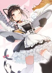 Rule 34 | 1girl, absurdres, aizawa zawapo, animal ears, apron, black choker, blush, brown eyes, brown hair, cat, cat ears, cat tail, choker, commentary request, crying, dress, extra ears, food, french fries, frilled dress, frills, gloves, gradient background, headdress, highres, maid, maid apron, maid headdress, medium hair, one eye closed, original, ponytail, solo, standing, tail, thighhighs, thighs, white thighhighs