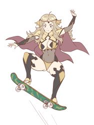Rule 34 | 1girl, arms up, bikini, blonde hair, breasts, cape, cleavage, cleavage cutout, clothing cutout, fire emblem, fire emblem fates, gluteal fold, grey eyes, hayato stuff, highres, large breasts, long hair, looking down, nintendo, ollie (skateboarding), ophelia (fire emblem), panties, red cape, skateboard, swimsuit, translucent, two-tone cape, underwear, white background, yellow bikini, yellow cape, yellow panties