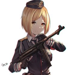 Rule 34 | 1girl, absurdres, blonde hair, bow, closed mouth, commentary, english commentary, gar32, girls&#039; frontline, gloves, grey bow, grey jacket, gun, half gloves, hat, highres, holding, holding gun, holding weapon, jacket, long sleeves, looking at viewer, mp40, mp40 (girls&#039; frontline), orange eyes, short hair, signature, simple background, solo, submachine gun, trigger discipline, upper body, weapon, white background, yellow eyes