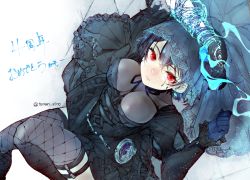Rule 34 | 1girl, alice (sinoalice), black dress, blue flower, blue gloves, blue hair, blue rose, choker, closed mouth, corset, dress, facepaint, fishnets, flower, gloves, goth fashion, highres, long sleeves, looking at viewer, lying, on back, pocket watch, puffy sleeves, red eyes, ribbon, rose, short hair, sinoalice, solo, tenten sino, thighhighs, veil, watch, white background, zettai ryouiki