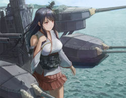 Rule 34 | 1girl, bare shoulders, black hair, breasts, cannon, commentary request, detached sleeves, fourragere, fusou (kancolle), hair ornament, kantai collection, large breasts, long hair, machinery, miniskirt, mountain, nontraditional miko, ocean, pleated skirt, red eyes, red skirt, revision, rigging, skirt, solo, tantaka, turret, water, wide sleeves