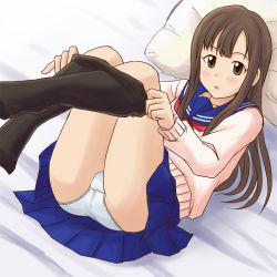Rule 34 | 1girl, ass, bed sheet, blue skirt, blush, cardigan, clothes pull, commentary request, crotch seam, from above, idolmaster, idolmaster cinderella girls, kneehighs, legs up, lielos, light blush, long sleeves, looking at viewer, lying, miniskirt, mizumoto yukari, neckerchief, on back, on bed, open mouth, panties, pantyhose, pantyhose pull, pantyshot, pillow, pink sweater, pleated skirt, pulling own clothes, red neckerchief, school uniform, serafuku, skirt, socks, solo, sweater, underwear, white panties