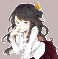 Rule 34 | 1girl, black hair, blush, breasts, brown background, cleavage, collared shirt, dress shirt, grin, hachimitsucoffee, half updo, kantai collection, large breasts, leaning forward, long hair, long sleeves, looking at viewer, maroon skirt, mouth pull, multicolored hair, naganami (kancolle), outline, partially unbuttoned, pink hair, pleated skirt, shirt, skirt, smile, solo, squinting, swept bangs, two-tone hair, white shirt, wing collar, yellow eyes