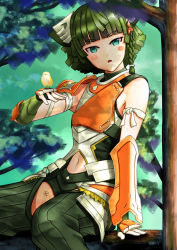 Rule 34 | 1other, androgynous, armor, blush stickers, braid, breastplate, clothing cutout, gauntlets, green eyes, green hair, haruhahinso, highres, juniper (xenoblade), navel cutout, open mouth, orange armor, other focus, pale skin, shoulder armor, solo, xenoblade chronicles (series), xenoblade chronicles 3