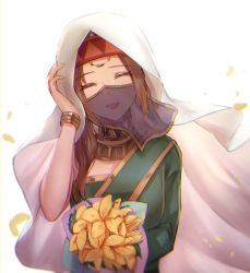 Rule 34 | 1girl, :d, ^ ^, bouquet, bracelet, brown hair, closed eyes, dolce (dolsuke), closed eyes, facing viewer, fate/grand order, fate (series), flower, headband, highres, holding, holding bouquet, jewelry, long hair, mouth veil, open mouth, petals, siduri (fate), simple background, smile, solo, upper body, veil, white background, yellow flower
