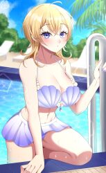 Rule 34 | 1girl, ahoge, bare arms, bare legs, bare shoulders, bikini, blonde hair, blue eyes, blush, breasts, cleavage, collarbone, day, fingernails, hair between eyes, highres, kantai collection, large breasts, looking at viewer, medium hair, nail polish, navel, outdoors, parted lips, pool, purple bikini, purple nails, solo, swimsuit, tuscaloosa (kancolle), water, wet, yomogi dango