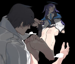 Rule 34 | 1boy, 1girl, ananke 7, barefoot, black background, black hair, black shirt, blue archive, blue eyes, blue necktie, blush, closed mouth, commentary, feet, halo, highres, jacket, legs, long hair, long sleeves, looking at another, necktie, purple hair, sensei (blue archive), shirt, simple background, soles, sweat, symbol-only commentary, toes, white jacket, white shirt, yuuka (blue archive)