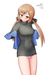 Rule 34 | 1girl, absurdres, blue jacket, brown eyes, brown hair, cowboy shot, grey sweater, hair ornament, hairclip, highres, jacket, jacket partially removed, kantai collection, long hair, low twintails, maru (marg0613), one-hour drawing challenge, panties, pink panties, solo, standing, sweater, tashkent (kancolle), twintails, underwear
