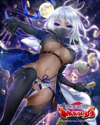 Rule 34 | 1girl, ahoge, apt, arm up, assassin, bag, between fingers, black gloves, black thighhighs, blue eyes, blue ribbon, bodystocking, bouncing breasts, breasts, coin, colored eyelashes, copyright name, covered navel, elbow gloves, floral print, full moon, glint, gloves, gluteal fold, highres, holding, impossible clothes, large breasts, leg up, long hair, looking at viewer, mask, midair, moon, mouth mask, night, night sky, ninja mask, official art, outdoors, revealing clothes, ribbon, sengoku bushouki muramasa, silver hair, sky, solo, sparkle, thigh strap, thighhighs, underboob, underbust, v-shaped eyebrows, warrior, weapon